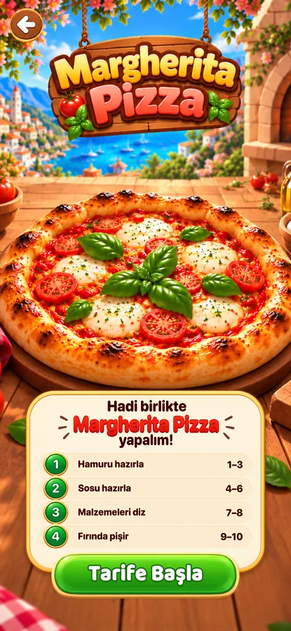Margherita Pizza tarifinin dört adımını gösteren oyun ekranı